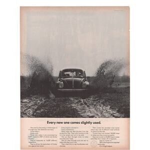 Volkswagen Beetle / Full Service Bank  Magazine Advertisement 1960s B&W Vintage
